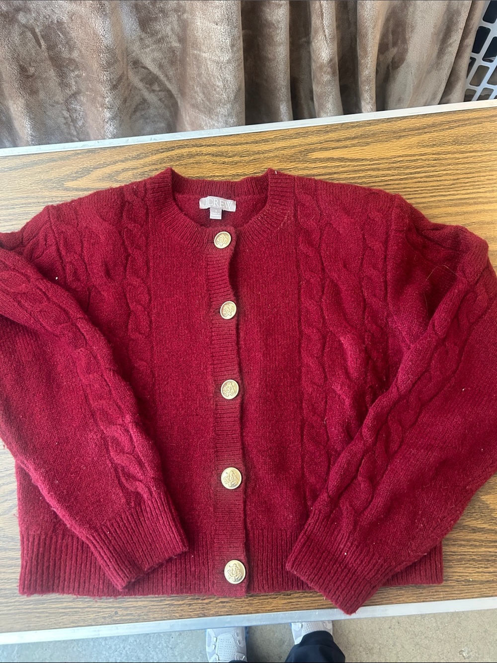 J. Crew Cable Knit Button-Up Cardigan in Wine